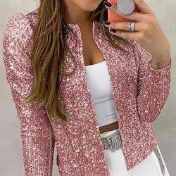 sequined solid jacket - casual open front crew neck long sleeve outerwear - women's clothing