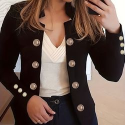 solid double breasted blazer - elegant long sleeve outwear - women's clothing