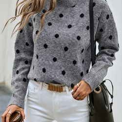 polka dot crew neck pullover sweater - casual long sleeve sweater for fall & winter - women's clothing