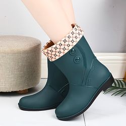 Mid Calf Non Slip Wear Resistance Waterproof Rain Boots - PVC Flat Round Toe Fashion Thermal Rain Shoes