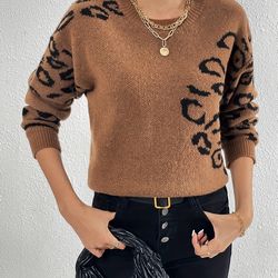 leopard print knit sweater - casual crew neck long sleeve sweater for fall & winter - women's clothing