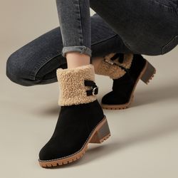 Women's Chunky Heel Short Boots - Casual Side Zipper Plush Lined Boots - Comfortable Winter Ankle Boots