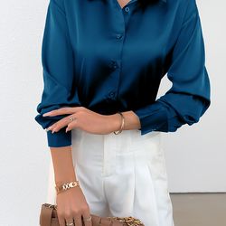 Solid Button Front Simple Shirt - Elegant Long Sleeve Shirt For Spring & Fall - Women's Clothing