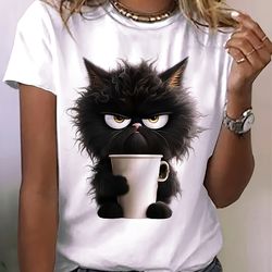 cat print t-shirt - casual short sleeve crew neck top for spring & summer - women's clothing