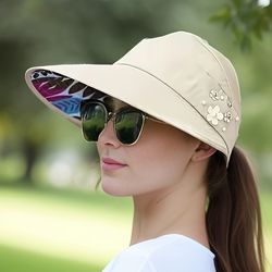 Beaded Flower Decor Visor Hats Trendy Solid Color Summer Sun Hat Foldable UV Protection Visors For Women Girls Outdoor