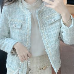 plaid print open front slim jacket - elegant crew neck button contrast trim jacket for winter - women's clothi-