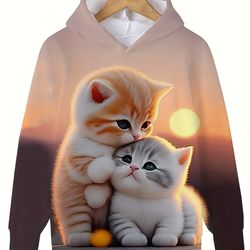 sunset kitten graphic hooded sweatshirt long sleeve pullover casual tops girls sports