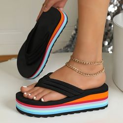 Women's Solid Color Flip Flops - Slip On Platform Casual Summer Slides - Non-slip Beach Slides
