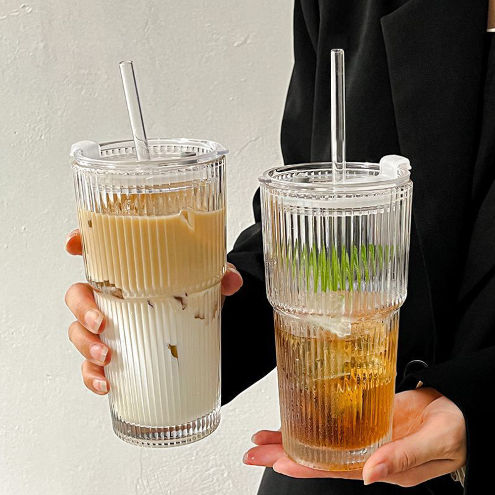 Stripe Glass Coffee Cup with Lid & Straw, Transparent Drinking Glasses for Juice, Milk Tea, Iced Coffee