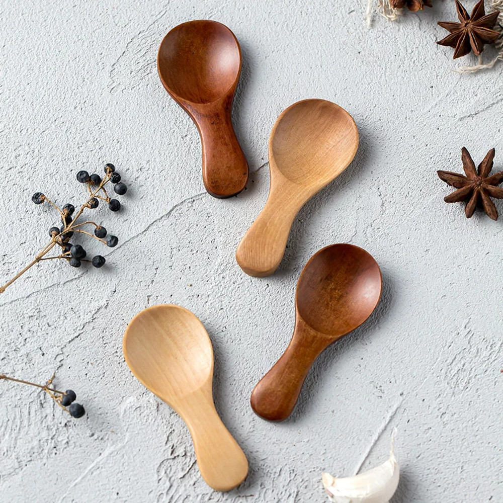 4Pcs Mini Wooden Spoons – Short Handle Kitchen Spice Scoops for Sugar, Tea & Coffee (Kids-Friendly Kitchen Gadgets)