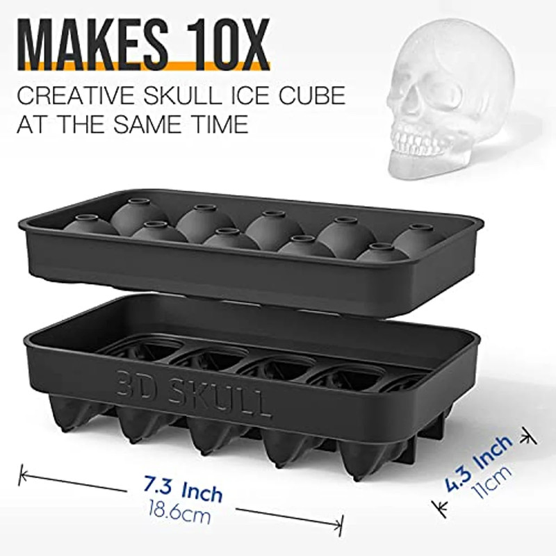 Skull Ice Cube Mold for Whiskey – 10-Cavity Silicone Ice Machine Tray with Funnel for Baking & Cocktails