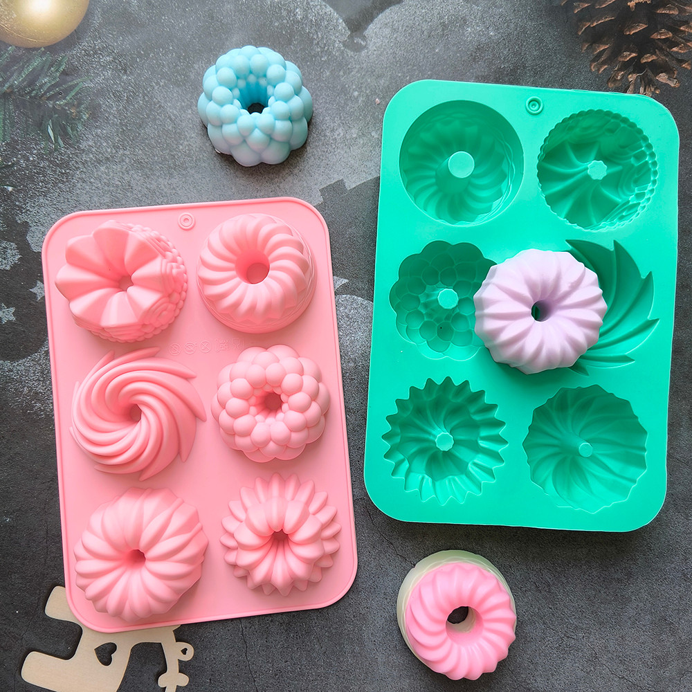 6Cavity Silicone Donut Baking Molds Multicolor Doughnut Pans With Flower Swirl Shaped Designs For 1