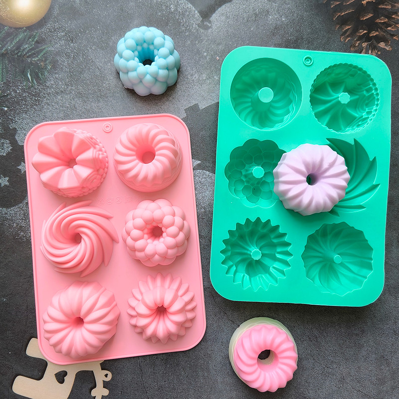 6Cavity Silicone Donut Baking Molds Multicolor Doughnut Pans With Flower Swirl Shaped Designs For 1