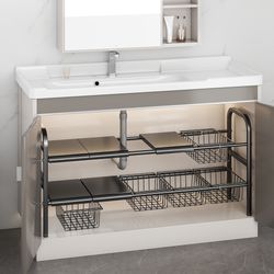 expandable under sink organizer with removable baskets, multi-use kitchen & bathroom cabinet shelf organizer storage