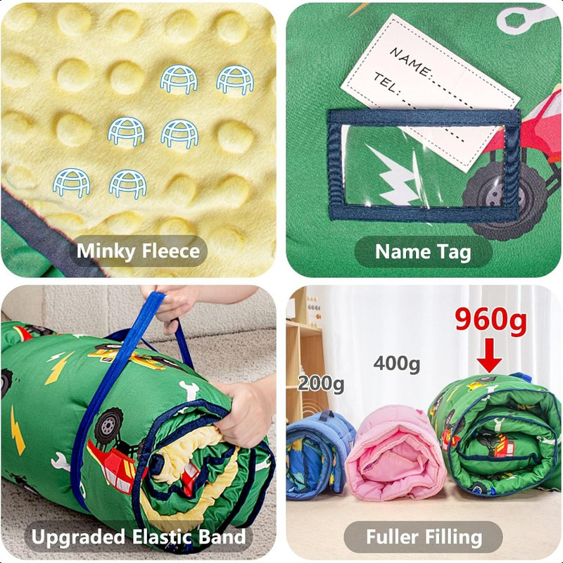 Extra Large Toddler Nap Mat Thickened Sleeping Bag, Soft Portable Mat with Minky Blanket, Pillow for Kids Daycare