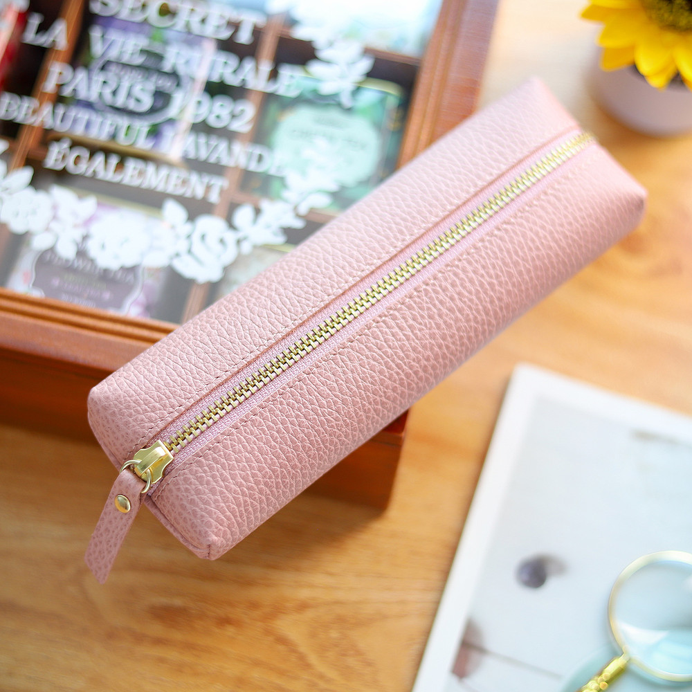 Personalized Leather Pencil Case Handmade Genuine Pebble Leather Zipper Bag For Large Capacity Scho 0