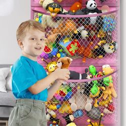 stuffed animal storage organizer, hanging mesh bag with 4 metal hooks, 4 large pockets, baby plush toys foldable holder