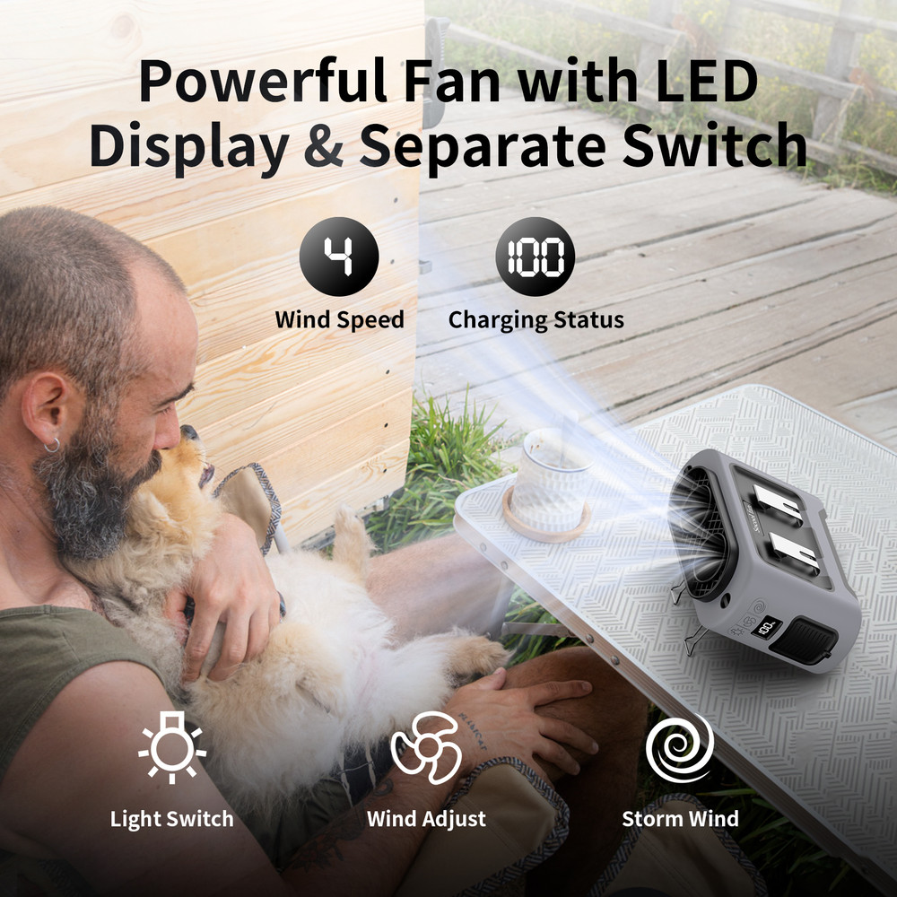 3-in-1 Cooling Waist Fan with Power Bank & Flashlight, 14500mAh Portable Fan with Dual Airflow Outlet for Outdoor Active