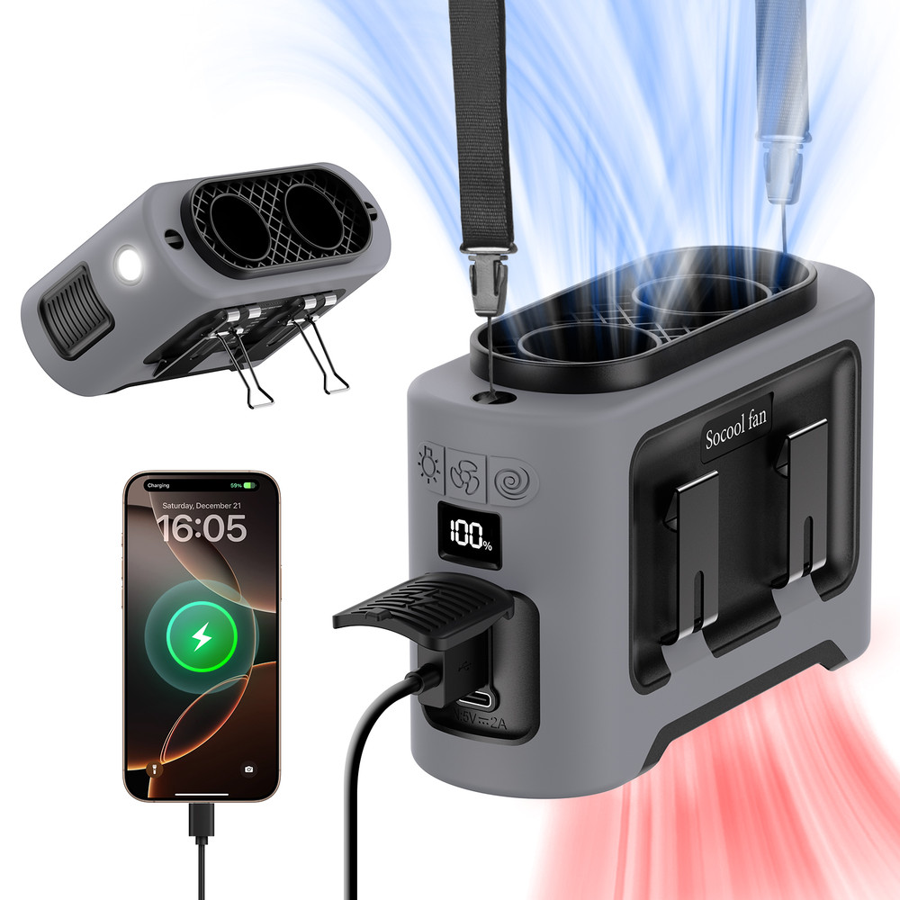 3-in-1 Cooling Waist Fan with Power Bank & Flashlight, 14500mAh Portable Fan with Dual Airflow Outlet for Outdoor Active