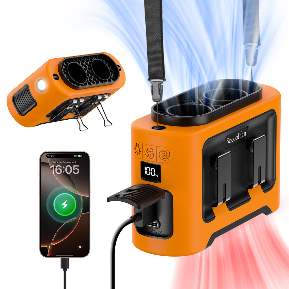 3-in-1 Cooling Waist Fan with Power Bank & Flashlight, 14500mAh Portable Fan with Dual Airflow Outlet for Outdoor Active