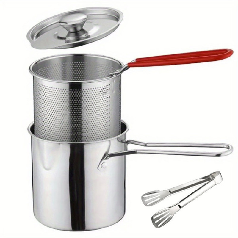 4 Piece Stainless Steel Deep Fryer Set with Sieve Basket, Professional Pot for French Fries, Chicken, Japanese Tempura