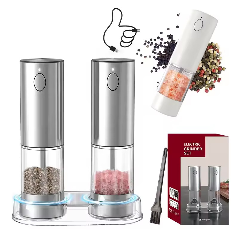 1/2pcs Automatic Pepper Grinder and Salt Grinder Set, USB Rechargeable, Adjustable Coarseness Spice Mill with LED Light