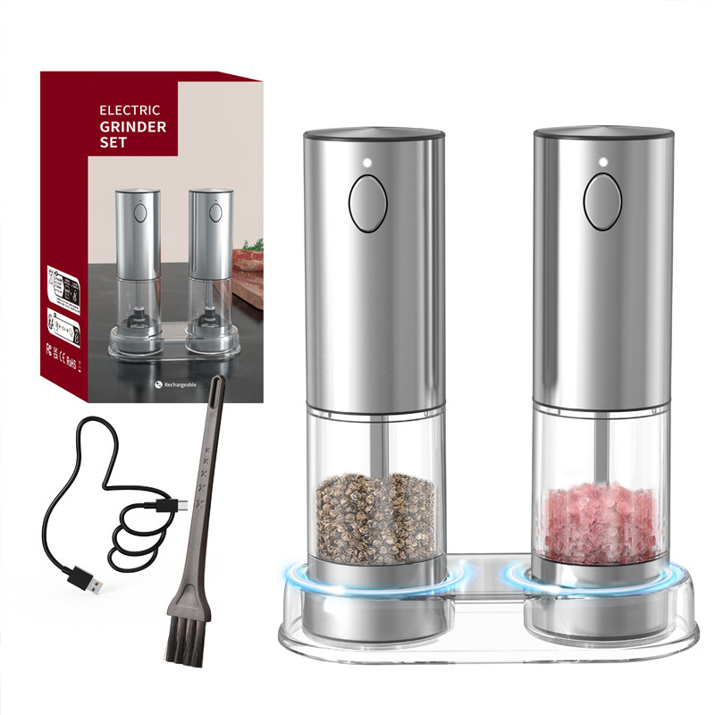 1/2pcs Automatic Pepper Grinder and Salt Grinder Set, USB Rechargeable, Adjustable Coarseness Spice Mill with LED Light