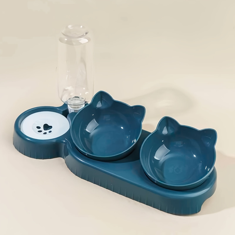 3-in-1 Ear Design Pet Bowls With Water Feeder, Tilted Cat Food & Water Bowl Set with Gravity Bottle for Neck Protection