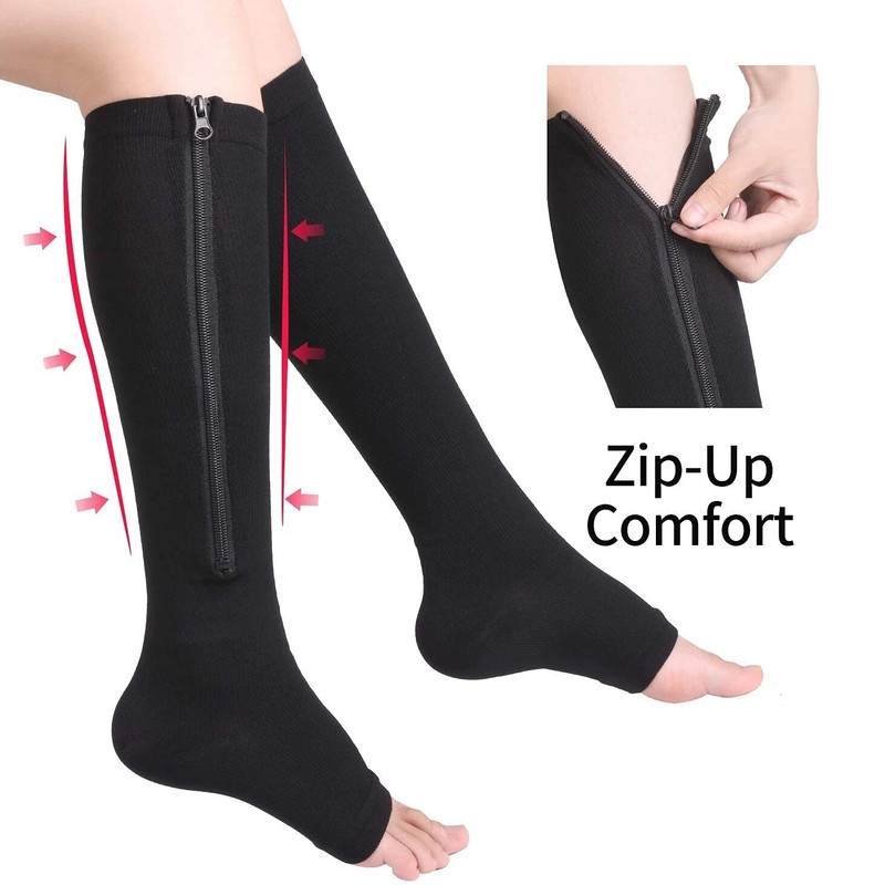 Unisex Compression Socks for Men, Women, Knee High Support Socks with Zipper, Open Toe, Thin, Stretchy for Anti-Fatigue