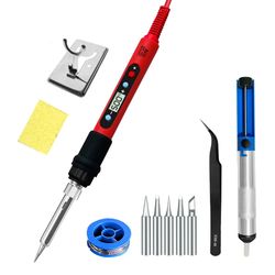 professional 80w soldering iron kit with adjustable temperature lcd display, ceramic heater, tips, tweezers, solder wire