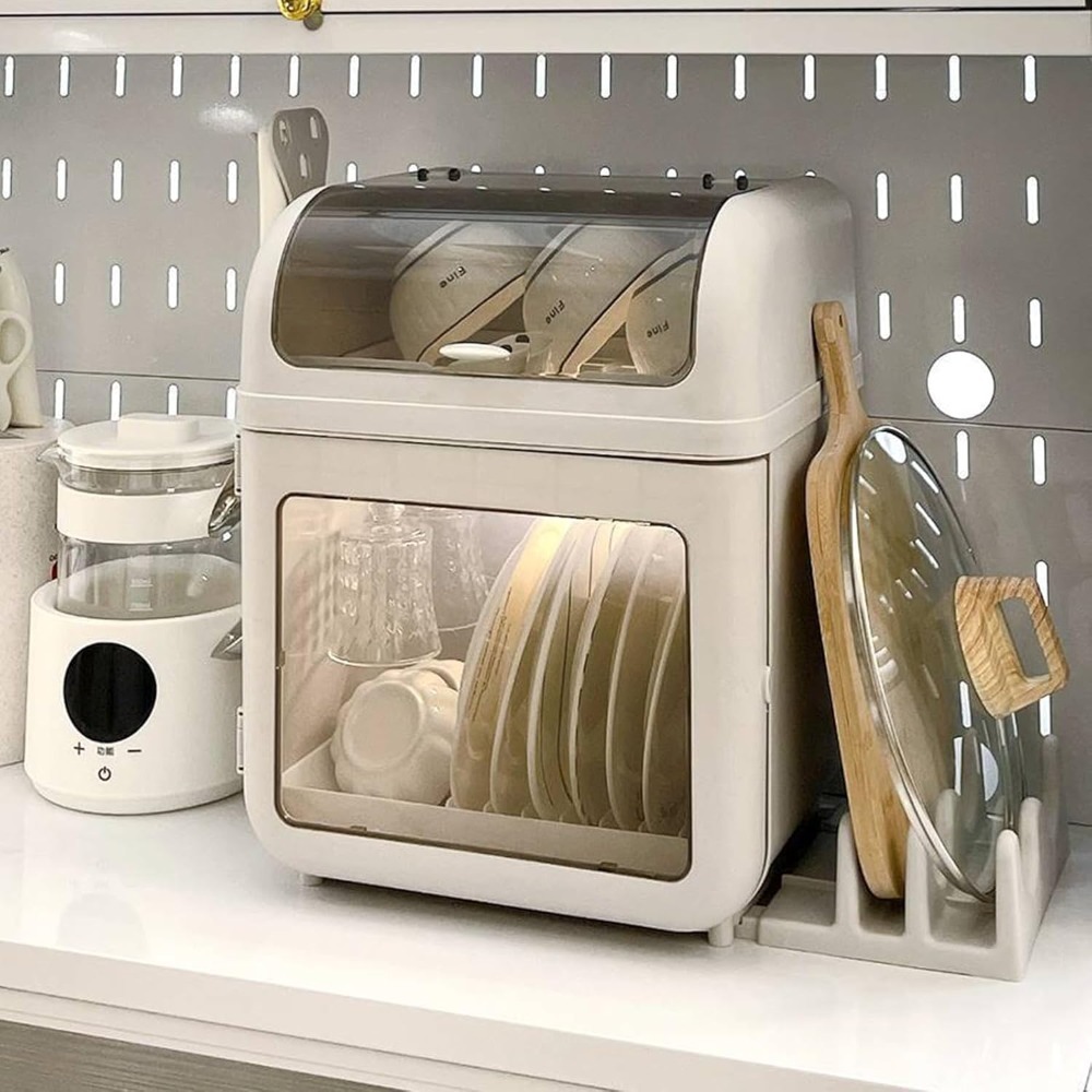 2 Tier Multi-Functional Dish Drying Rack and Drainer Board, Countertop Organizer with Lid, PP Plastic Build, Removable