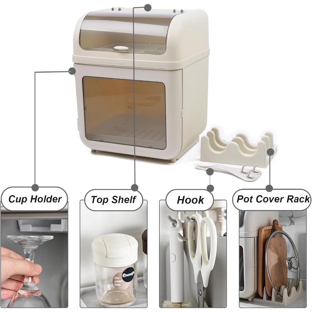 2 Tier Multi-Functional Dish Drying Rack and Drainer Board, Countertop Organizer with Lid, PP Plastic Build, Removable