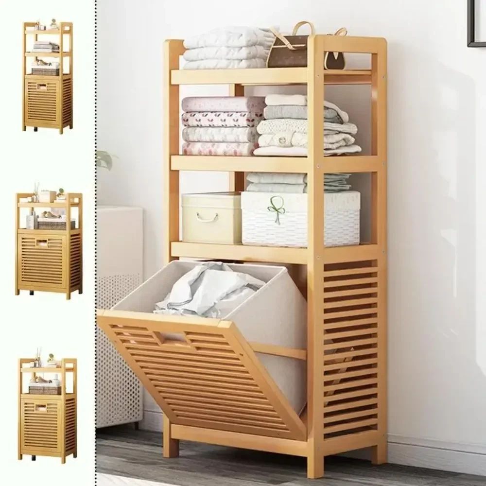 Large Capacity MultiFunction Laundry Hamper Wood Vine Weaving Dirty Clothes Basket With Shelf Bathr 0