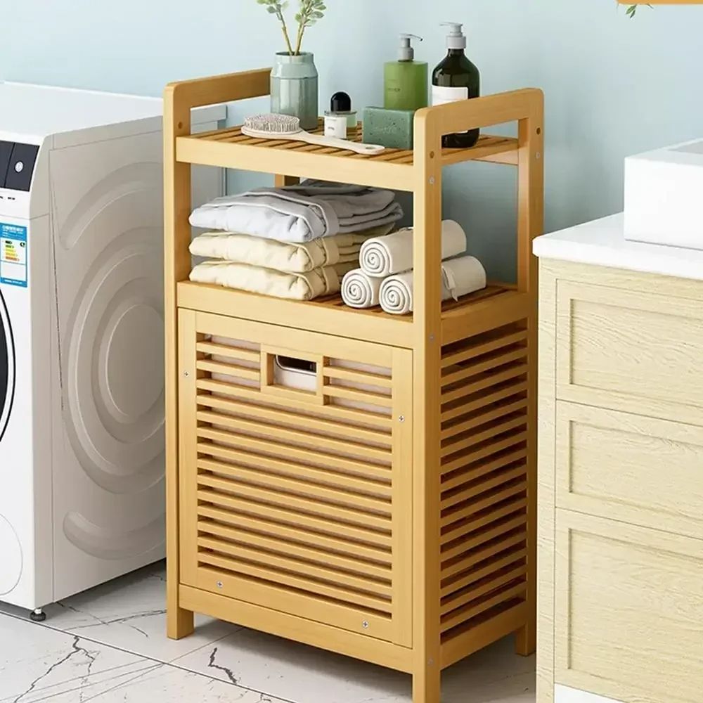 Large Capacity MultiFunction Laundry Hamper Wood Vine Weaving Dirty Clothes Basket With Shelf Bathr 2