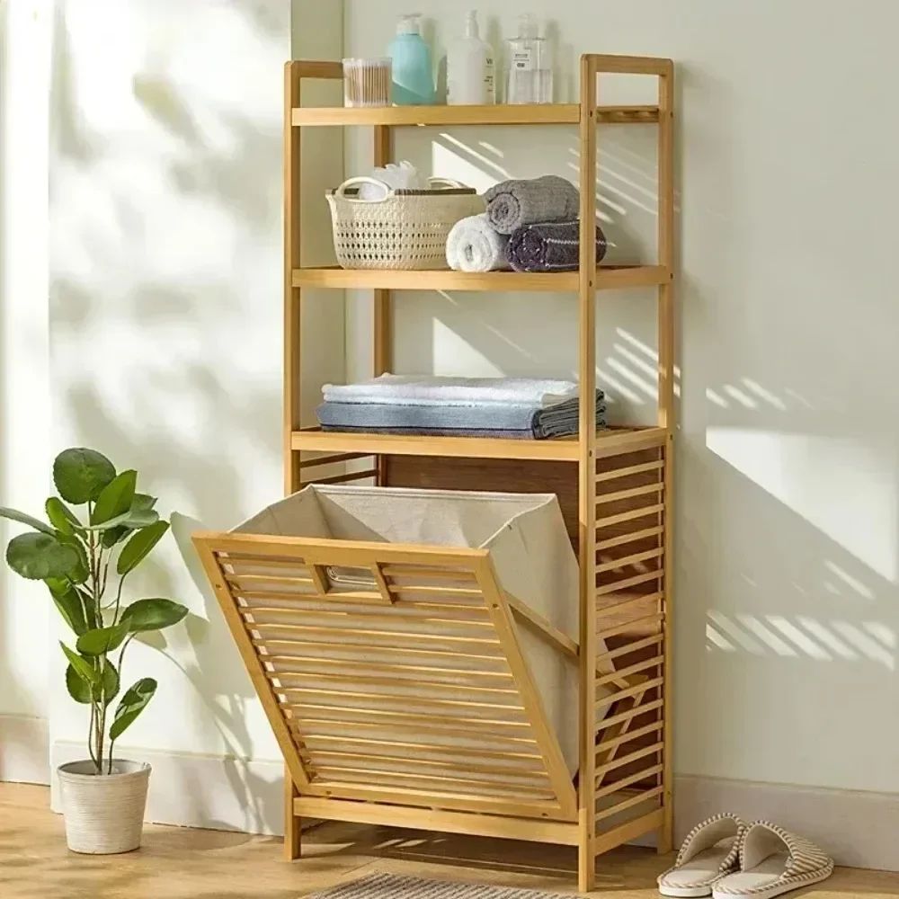 Large Capacity MultiFunction Laundry Hamper Wood Vine Weaving Dirty Clothes Basket With Shelf Bathr 3