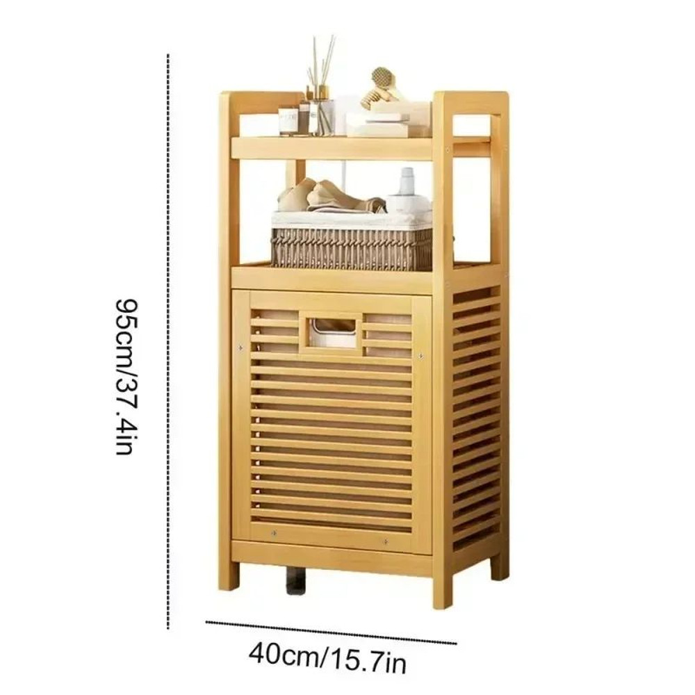 Large Capacity MultiFunction Laundry Hamper Wood Vine Weaving Dirty Clothes Basket With Shelf Bathr 6