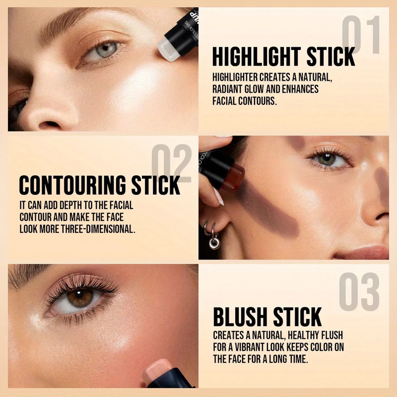 Long Lasting Natural 3D Face Bronzers, Waterproof Highlighter Stick Blush, Brightening Contour Concealer Makeup Cosmetic