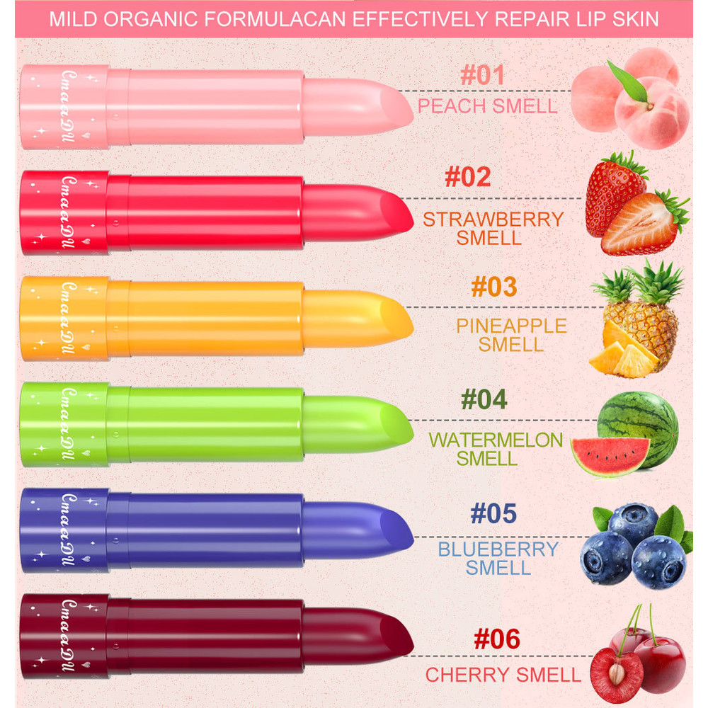 6Color Waterproof Fruit Color Tinted Shine Changing Lip Balm, Moisturizing Nourishing Glow Play Lipstick Colour Care