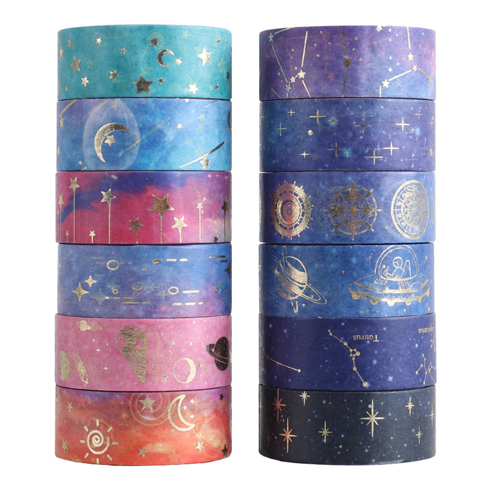 12pcs Starry Night Washi Tape Set, Galaxy Constellation Moon Star, Decorative Adhesive Masking Tapes Stickers