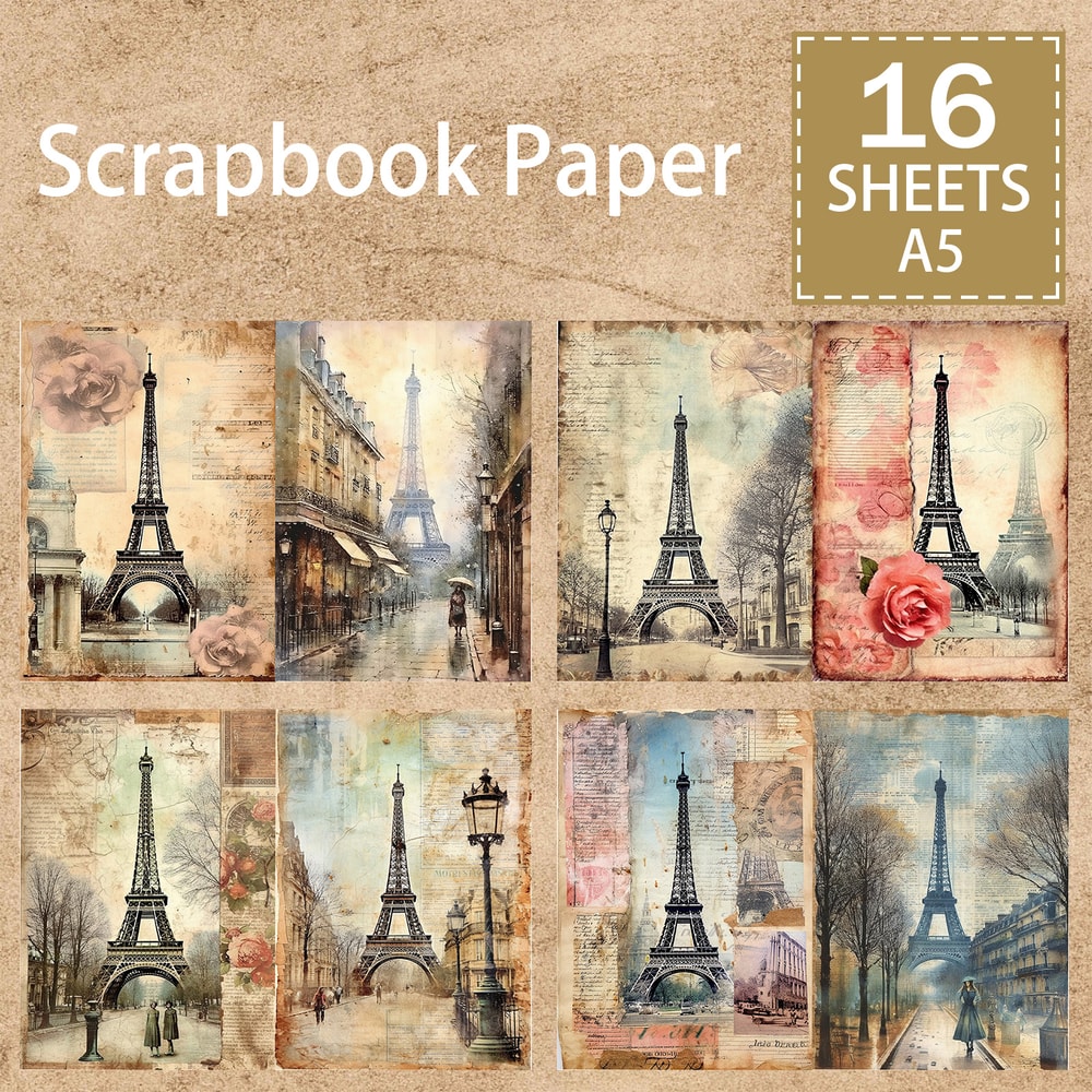 16 Sheets A5 Size Retro Flower Architecture, Vintage English Background, Scrapbook Journal Planning Set