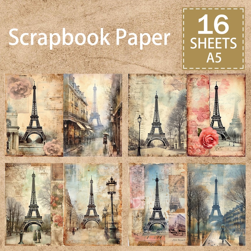 16 Sheets A5 Size Retro Flower Architecture, Vintage English Background, Scrapbook Journal Planning Set