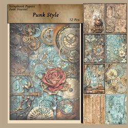 scrapbooking supplies craft, 12 sheets punk style scrapbook paper, paper for junk journal card making diy art crafts