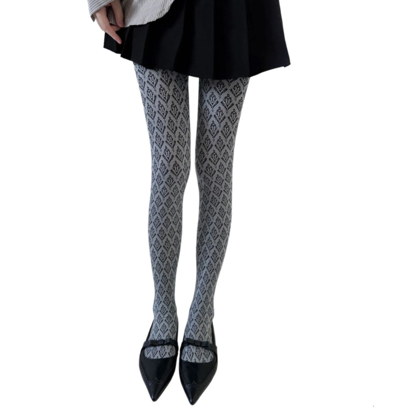 Vintage Dark Floral Jacquard Patterned Pantyhose for Women, Japanese Style Autumn Tights, Slimming Opaque Silky Stocking