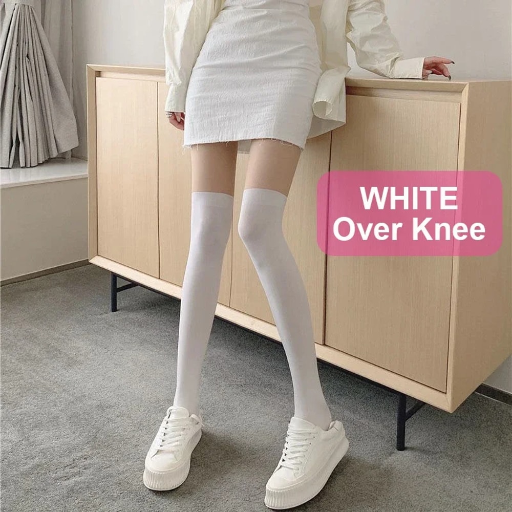 Sheer to Opaque Thigh High Illusion Stockings, Women's Fake Over the Knee Tights, JK Style Contrast Color Pantyhose