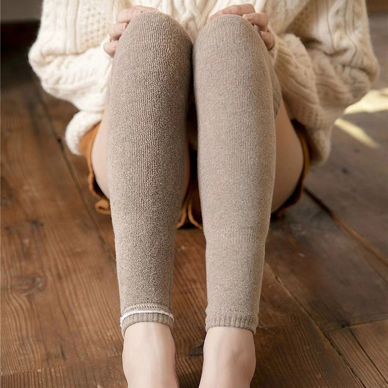 Winter Warm Knitted Leg Warmers for Women, Thick Wool Thermal Socks with Velvet Lining, Long Solid Color Stockings
