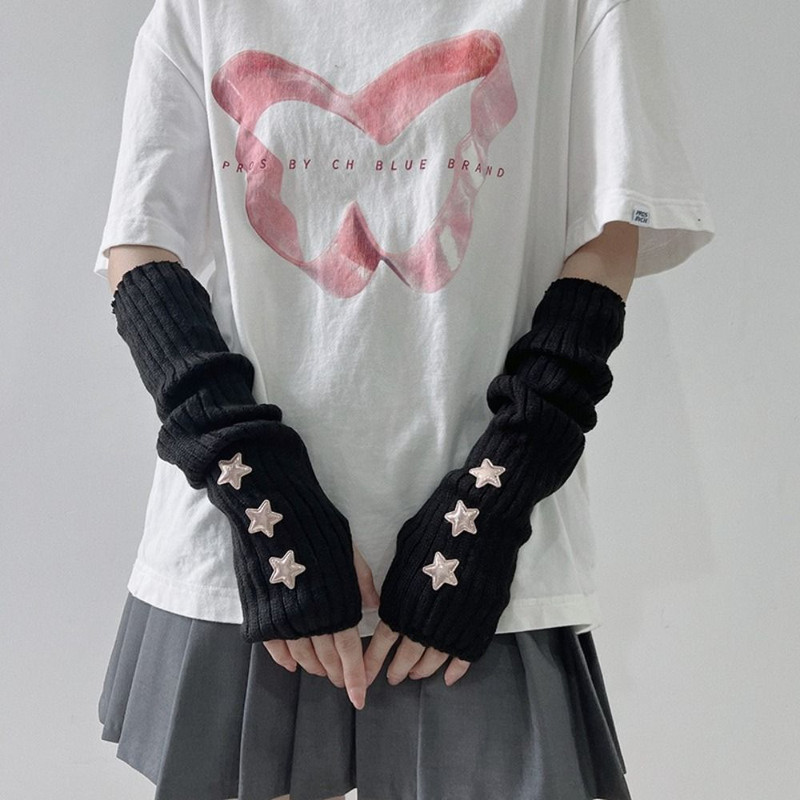 Fingerless Long Wrist Gloves & Arm Warmers, Knitted False Sleeves Cover in Black/White for Men & Women