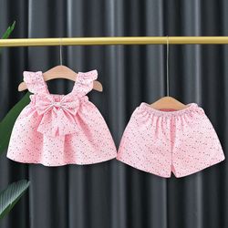 girl infant set, summer colorful dot flying sleeve top & bow shorts two-piece set