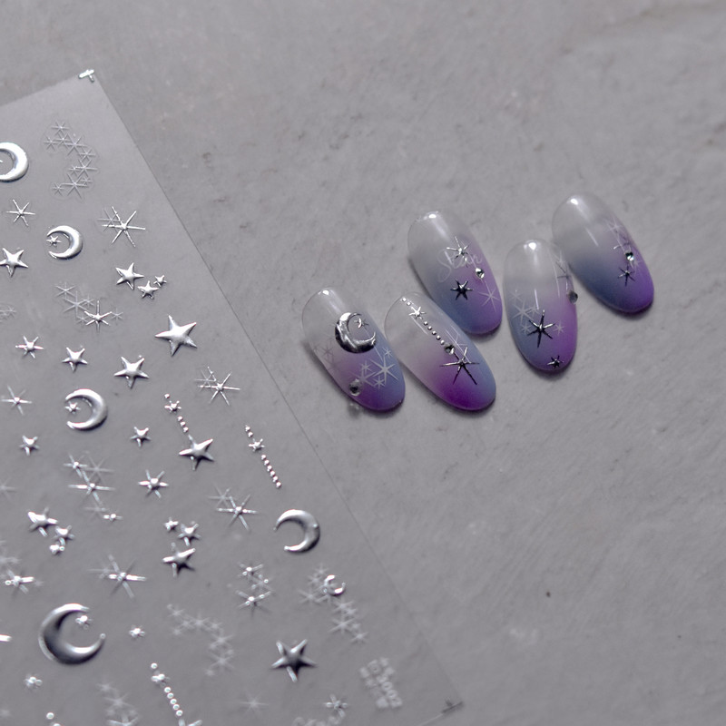 3D Gold Sun Moon Star Bronzing Nail Art Sticker, Laser Star Moon Design, Self-Adhesive Slider Decals in Gold, Silver