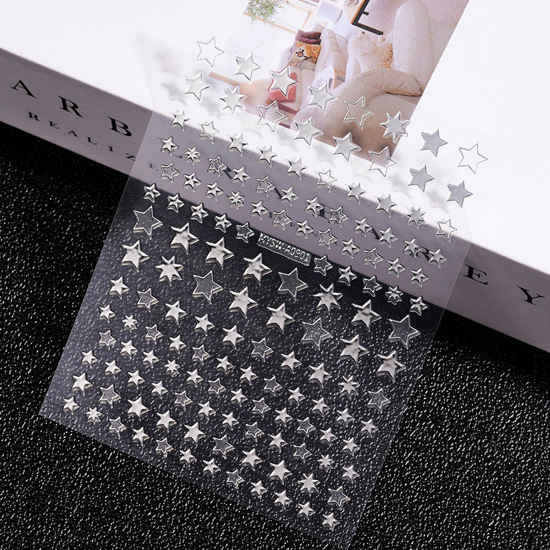 3D Gold Sun Moon Star Bronzing Nail Art Sticker, Laser Star Moon Design, Self-Adhesive Slider Decals in Gold, Silver