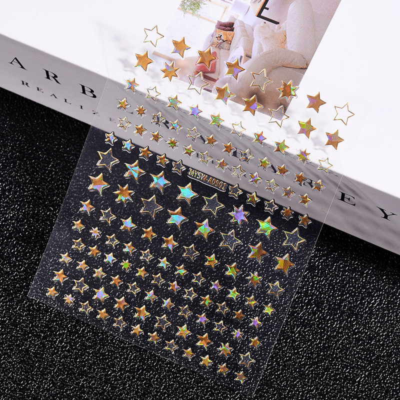3D Gold Sun Moon Star Bronzing Nail Art Sticker, Laser Star Moon Design, Self-Adhesive Slider Decals in Gold, Silver